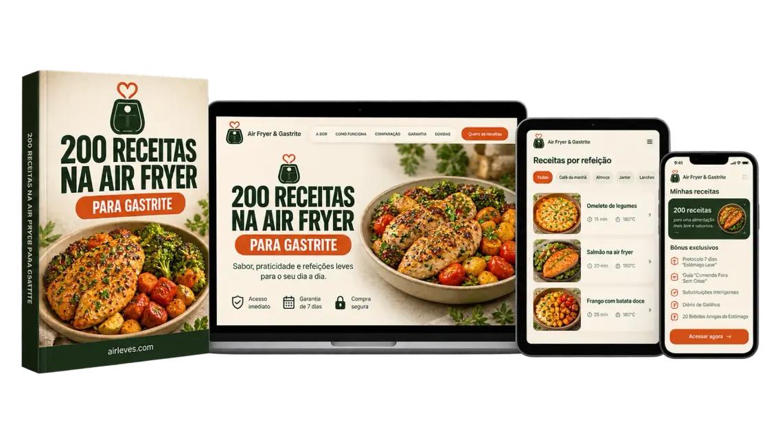 O guia de receitas na Air Fryer para gastrite aberto no computador, no tablet e no celular